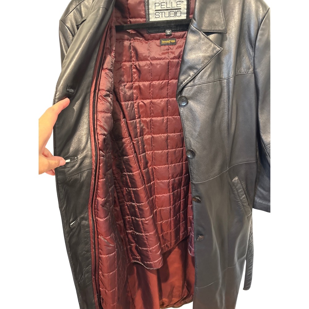 Pelle Studio Womens Black Leather Trench Coat Belted Thinsulate Insulation XL - Picture 5 of 7